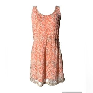 Large peach dress light orange lace crew neck midi dress fit flare sleeveless
